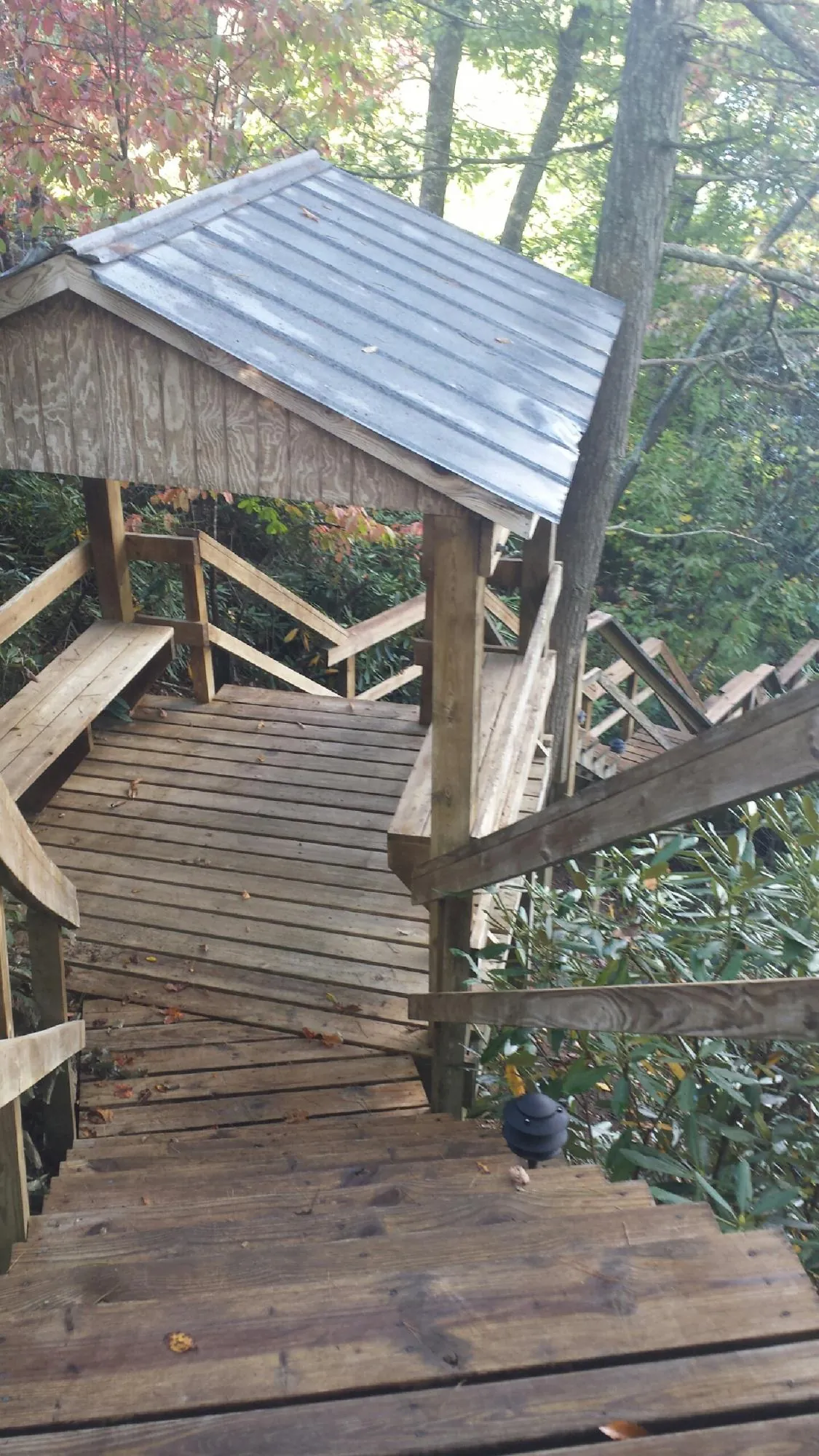 Metal roofed shelter over wooden steps on a wooded walkway — Skylight Repair & Installation work by our crew in Vallejo
